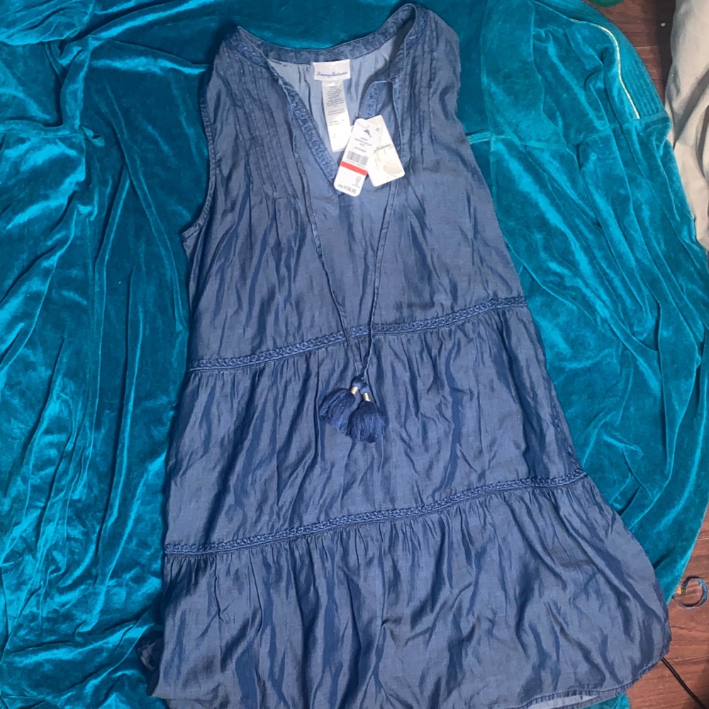 🐟🐟🐟 Tommy Bahama Beautiful Blue Faux Denim Sleeveless Dress with Tassels 🐟🐟🐟